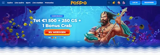 Posido Casino startpagina met welkomstbonus tot €1500, 250 gratis spins en 1 Bonus Crab. Heldhaftige Poseidon-figuur onder water met promotieknop 'Nu Meedoen'.