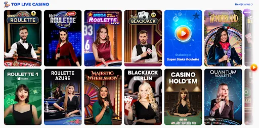 Top live casinospellen met echte dealers — waaronder Speed Roulette, Mega Roulette, Blackjack, Adventures Beyond Wonderland, en Casino Hold'em.