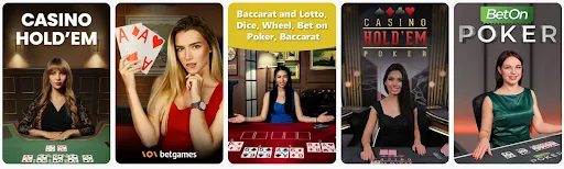 Live dealer poker en tafelspellen met vrouwelijke croupiers – Casino Hold'em, Bet On Poker, en varianten zoals Baccarat, Dice en Wheel games.